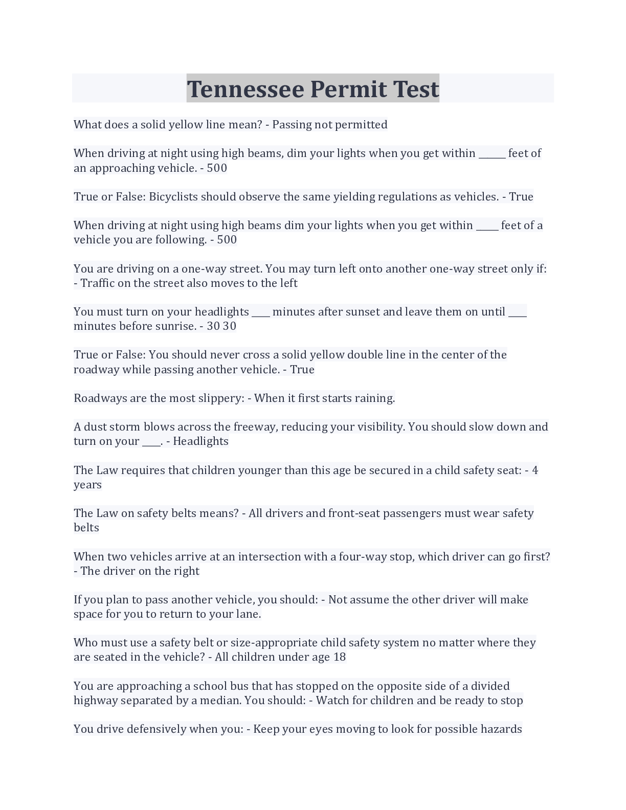 Preview image for Tennessee Permit Test Questions And Answers Latest Update